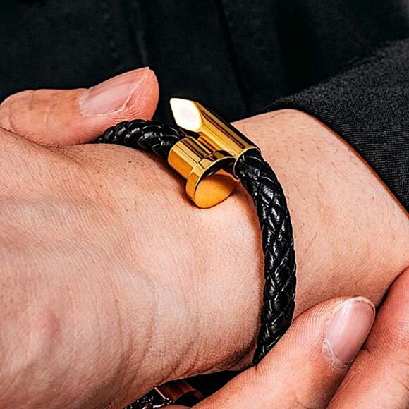 Leather Nail Magnetic Bracelet, Braided, Unisex - Picture 3 of 4